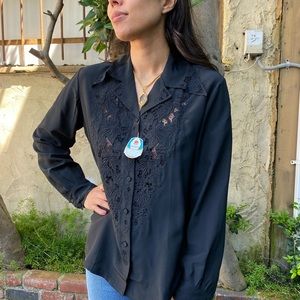 Vintage Hand Embroidered Silk Western Collar Long Sleeve Blouse in Black